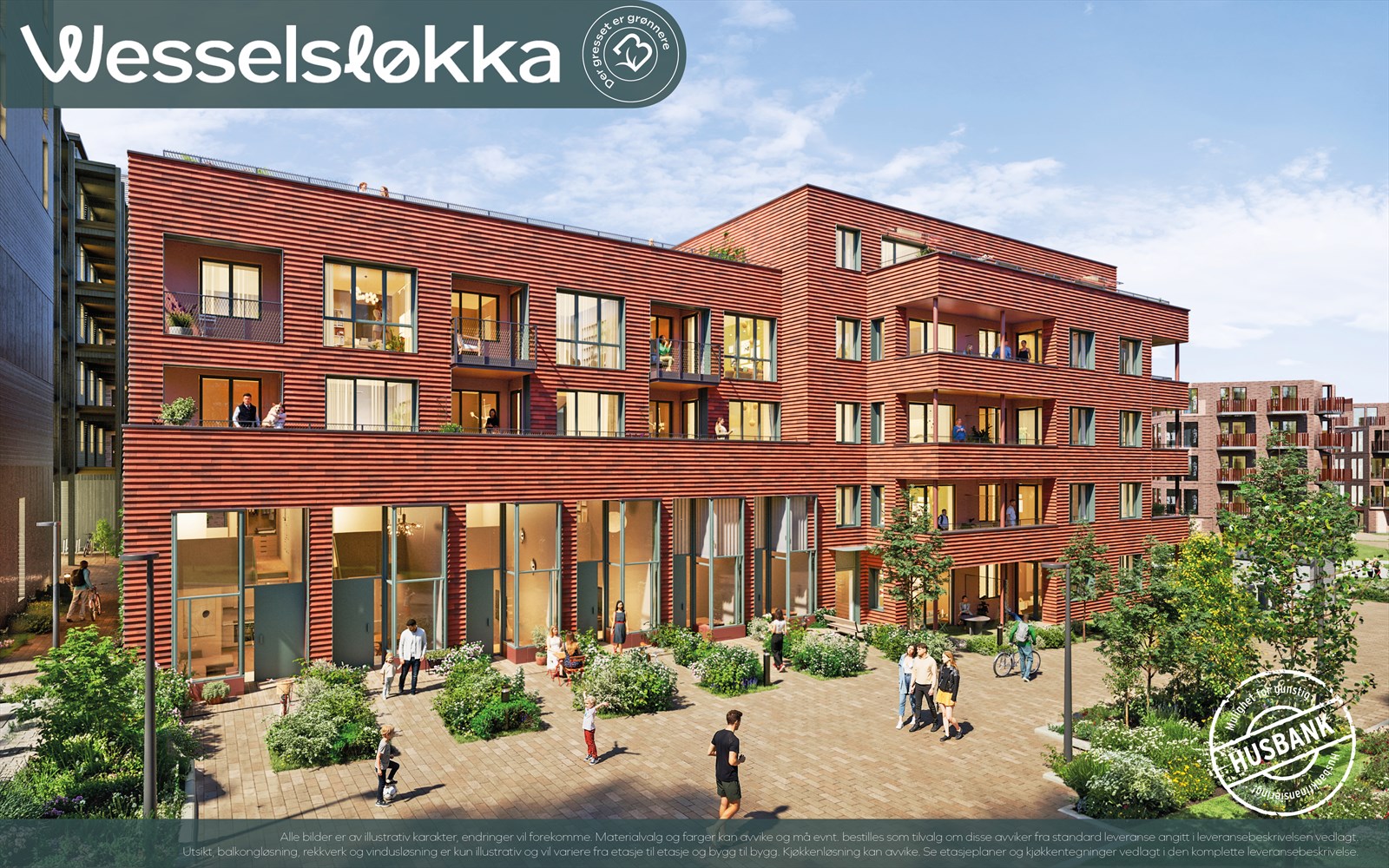 Det er også leiligheter med tilbaketrukket og flott beliggenhet i mot gatetunet som er et rolig og trafikkfritt bymiljø i området.