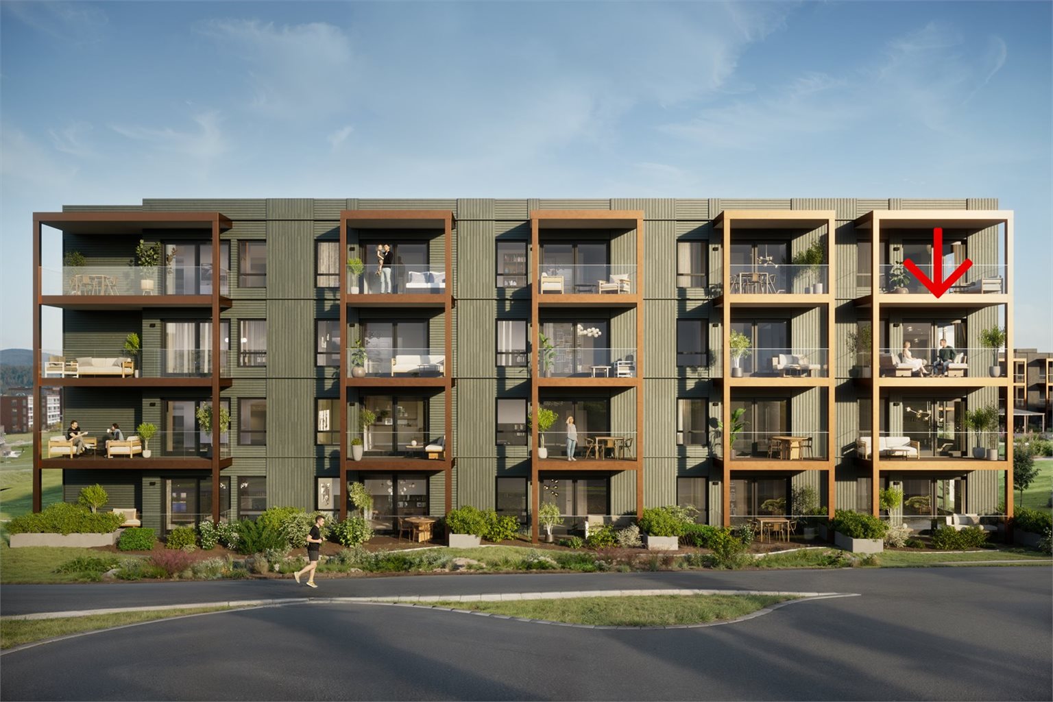 Velkommen til Solsletta Hageby og leilighet D-403! Leilighetene har en herlig endebeliggenhet i byggets 4. etasje (3 etasje fra vestsiden)