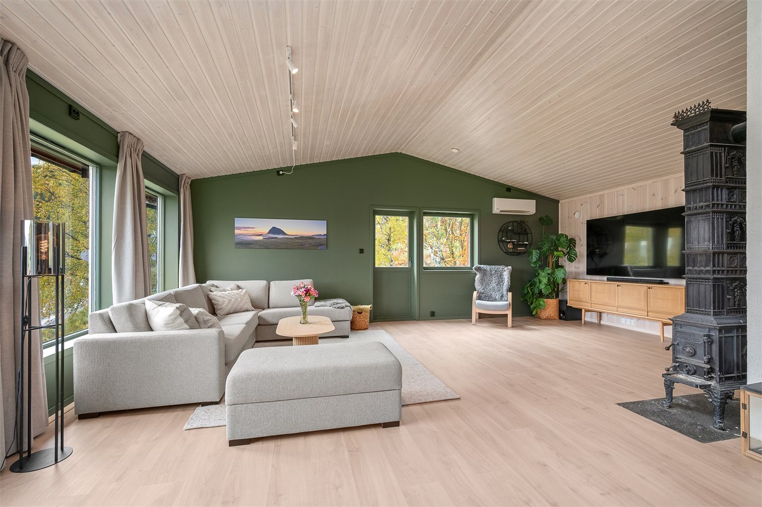 Boligen byr på gode oppvarmingsmuligheter, med en sjarmerende vedovn og moderne varmepumpe.