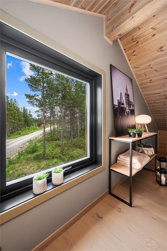 Hytta har fint utsyn over de skogkledde omgivelsene.