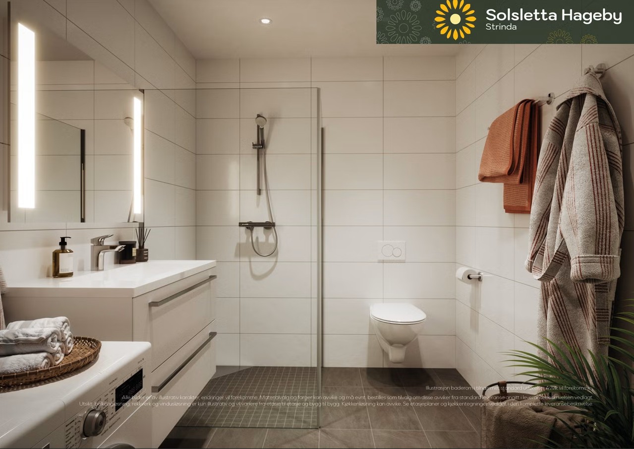 Illustrasjon av standard leveranse av baderom på Solsletta Hageby. Standard baderom leveres med tidløse farger og store fliser. Alternativt kan man velge en baderomspakke tilpasset til en av tilvalgspakkene til leiligheten. 
