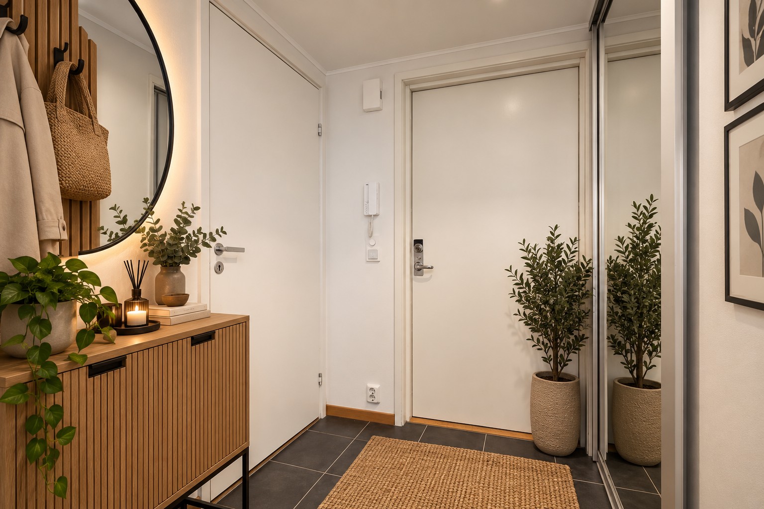 Gangen er flislagt med behagelig gulvvarme og det er etablert skyvedørsgarderobe med speilfronter. Fra entré er det også inngang til en praktisk innerbod som kan brukes til grovgarderobe/walk-in.