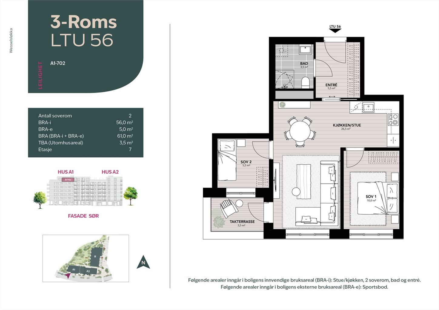 Leiligheten har en gjennomtenkt planløsning og strekker seg over 56m² med 5m² bod i kjeller.