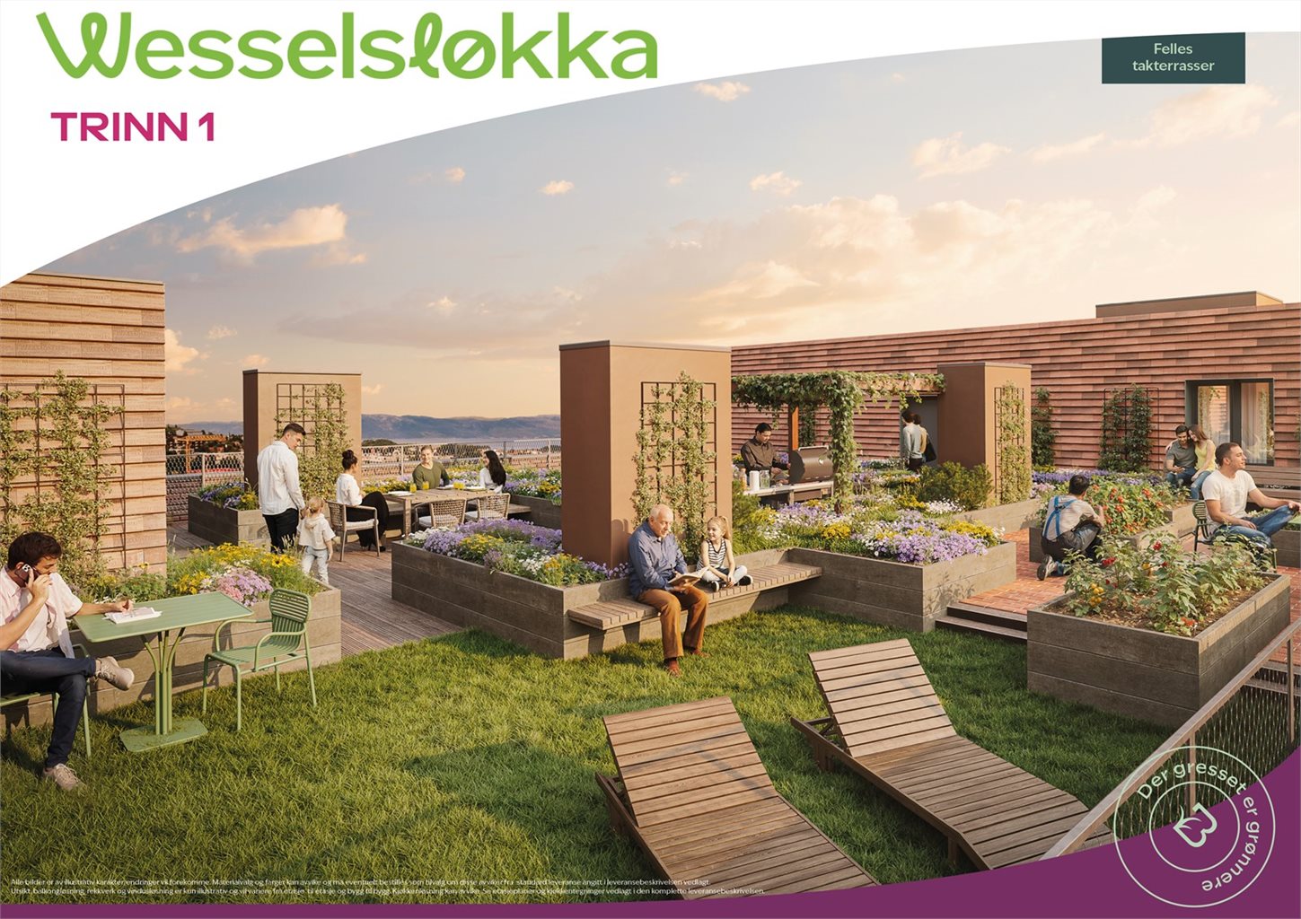 På takene får du som beboer tilgang til flotte takhager. Her blir det flere soner og rom for mange. Med flotte sol og utsiktsforhold blir dette et flott tilskudd til din private takterrasse.