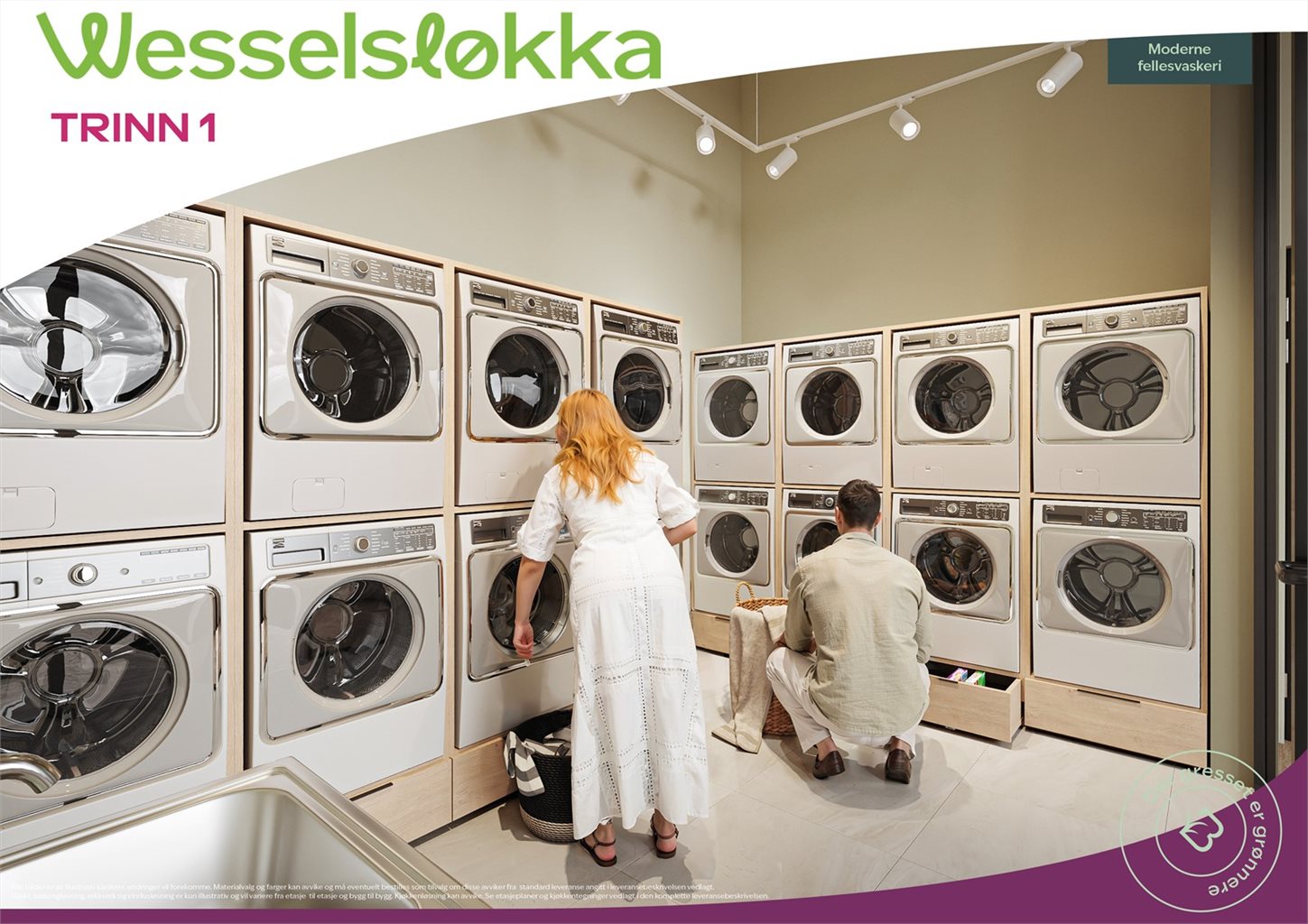 På Wesselsløkka revitaliserer vi også  fellesvaskeriet. Et flott rom i første etasje med store glassflater gjør klesvasken til en fryd. Da kan du selv velge om du ønsker å ha vaskemaskin på ditt eget bad, eller frigi plassen til andre ting.